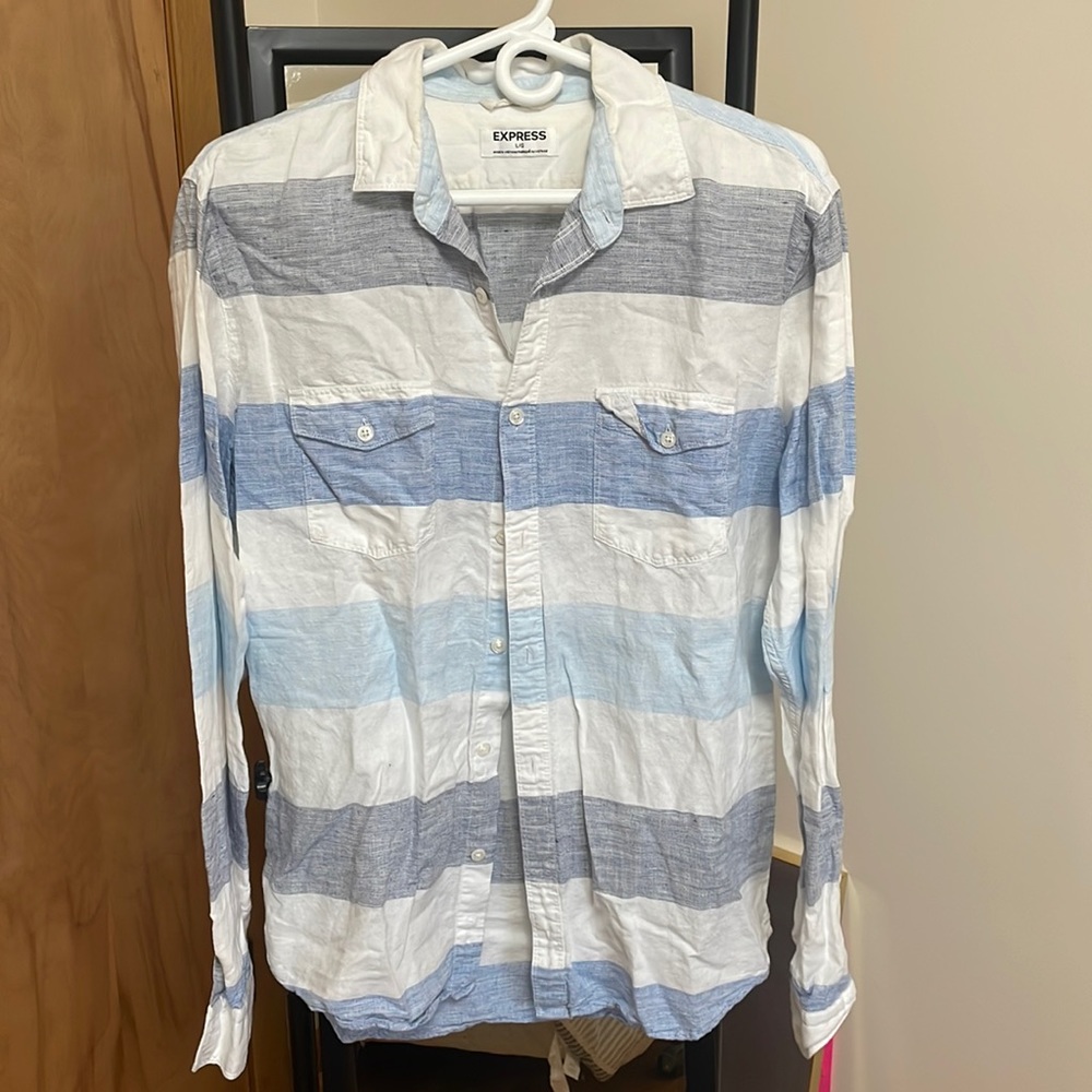 Blue and white stripped button down blouse, large, express